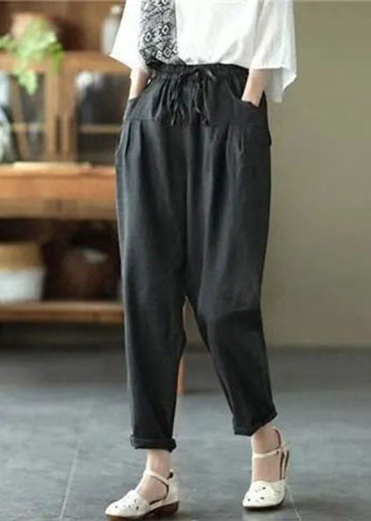 Fashion Black Pockets Patchwork Tie Waist Linen Pants Summer LY0596