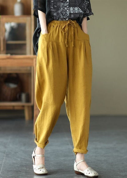 Fashion Black Pockets Patchwork Tie Waist Linen Pants Summer LY0596