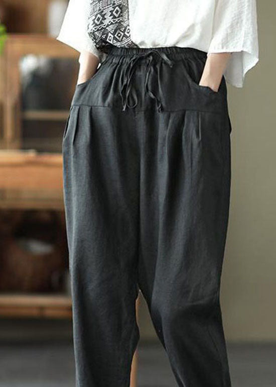 Fashion Black Pockets Patchwork Tie Waist Linen Pants Summer LY0596