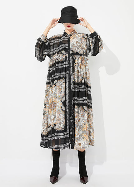 Fashion Black Print Oversized Wrinkled Chiffon Long Dresses  Spring LY0825