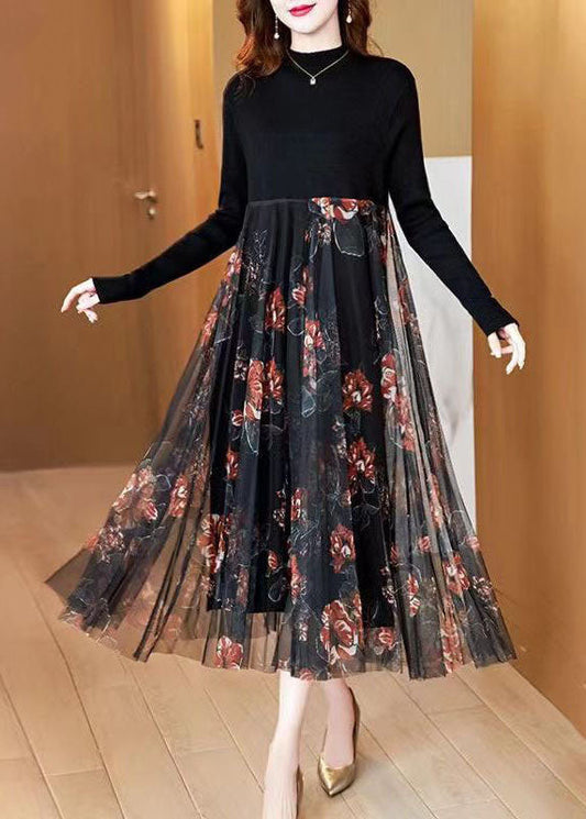 Fashion Black Stand Collar Patchwork Tulle Knit Long Dress Spring AC2044