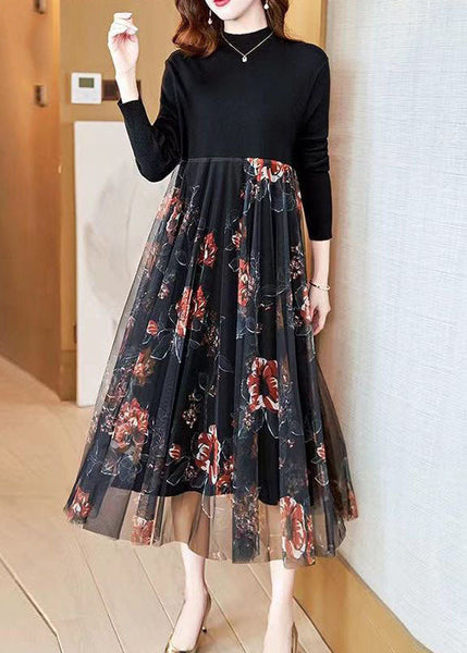 Fashion Black Stand Collar Patchwork Tulle Knit Long Dress Spring AC2044