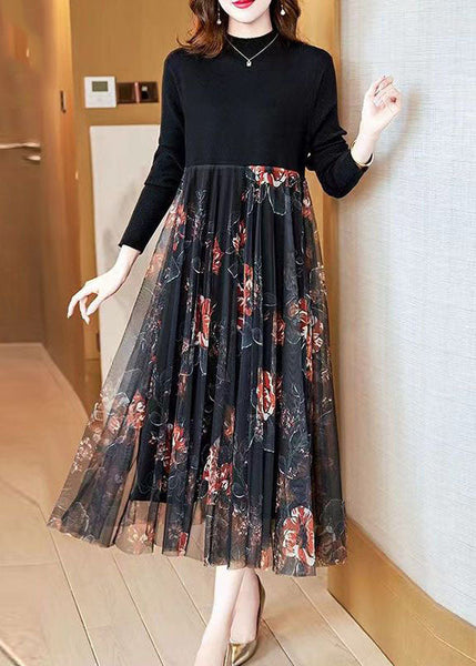 Fashion Black Stand Collar Patchwork Tulle Knit Long Dress Spring AC2044
