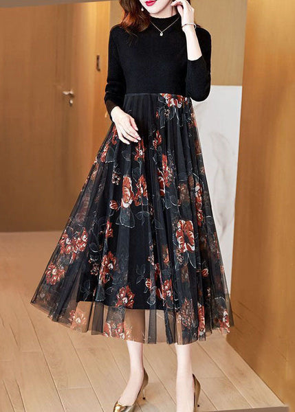 Fashion Black Stand Collar Patchwork Tulle Knit Long Dress Spring AC2044