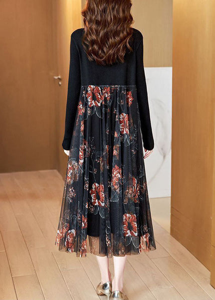 Fashion Black Stand Collar Patchwork Tulle Knit Long Dress Spring AC2044