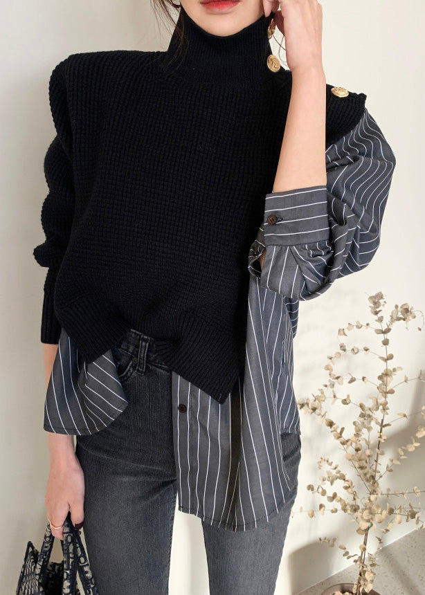 Fashion Black Striped Turtleneck Asymmetrical Knit Patchwork Button Shirt Spring LY0394