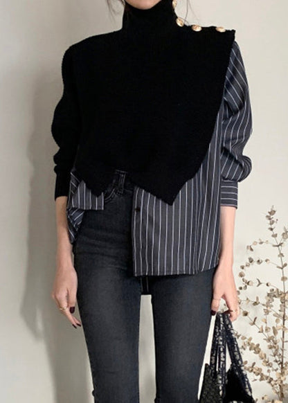 Fashion Black Striped Turtleneck Asymmetrical Knit Patchwork Button Shirt Spring LY0394