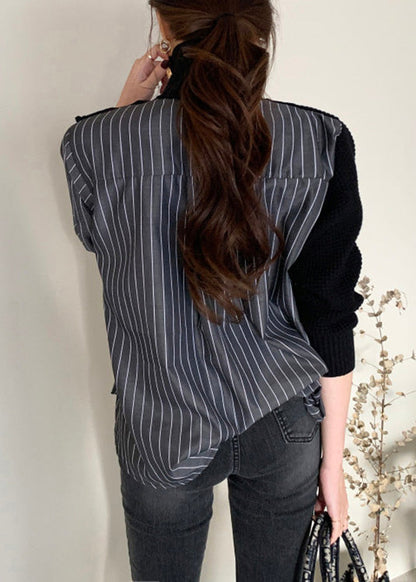 Fashion Black Striped Turtleneck Asymmetrical Knit Patchwork Button Shirt Spring LY0394