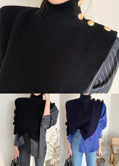 Fashion Black Striped Turtleneck Asymmetrical Knit Patchwork Button Shirt Spring LY0394