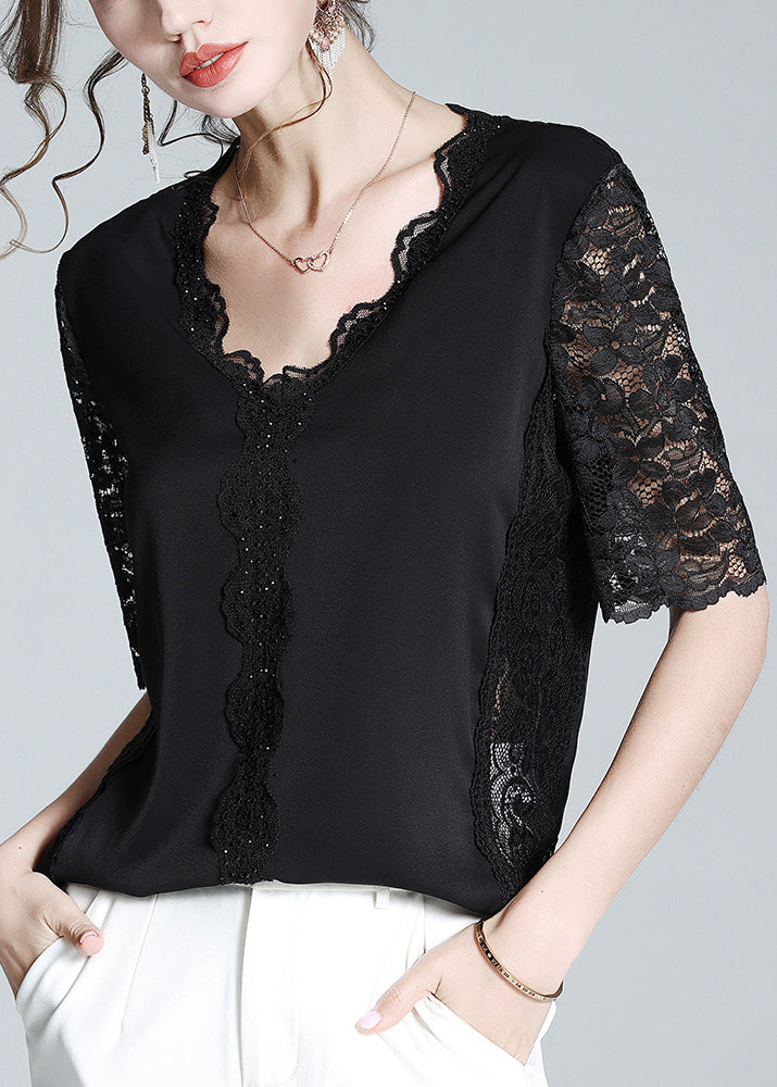 Fashion Black V Neck Lace Patchwork Solid Top Short Sleeve LY1072