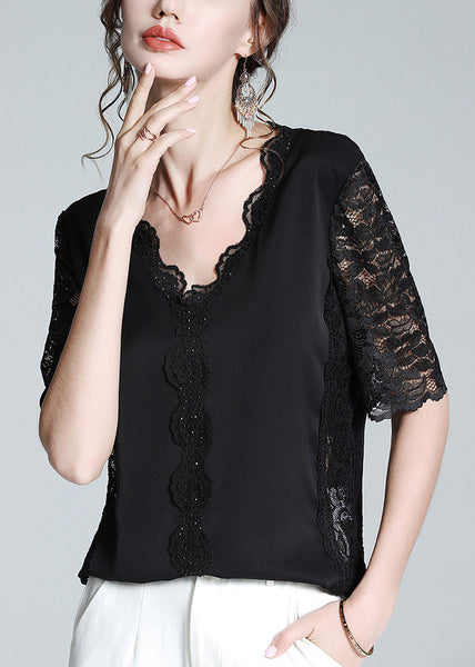 Fashion Black V Neck Lace Patchwork Solid Top Short Sleeve LY1072
