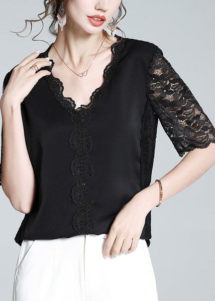 Fashion Black V Neck Lace Patchwork Solid Top Short Sleeve LY1072