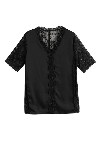 Fashion Black V Neck Lace Patchwork Solid Top Short Sleeve LY1072