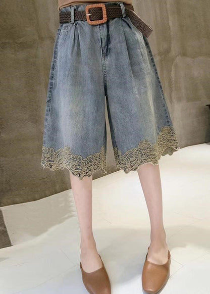 Fashion Blue High Waist Lace Patchwork Denim Shorts Summer TY1079