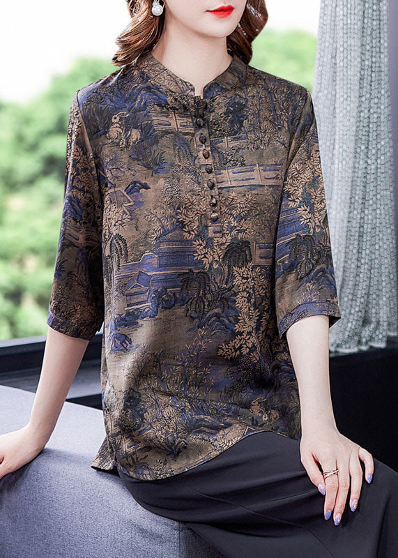 Fashion Blue Patchwork Print Button Silk Blouse Tops Summer LY0427