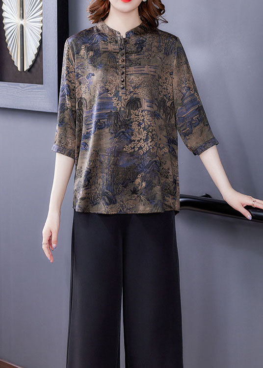 Fashion Blue Patchwork Print Button Silk Blouse Tops Summer LY0427