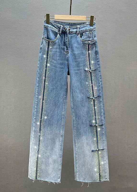 Fashion Blue Patchwork Zircon High Waist Wide Leg Jeans TY1039