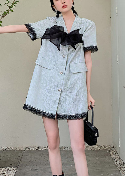 Fashion Blue Peter Pan Collar Organza Patchwork Button Mid Shirts Dresses Short Sleeve TI1039