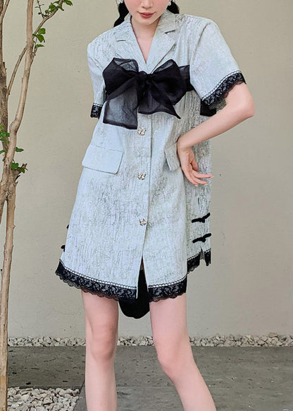 Fashion Blue Peter Pan Collar Organza Patchwork Button Mid Shirts Dresses Short Sleeve TI1039