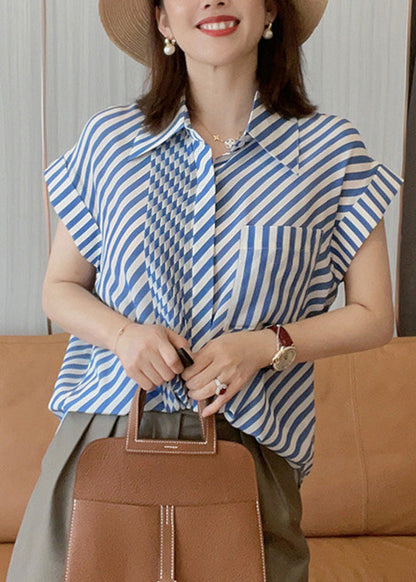 Fashion Blue Peter Pan Collar Striped Button Low High Design Silk Shirts  Summer LY0365