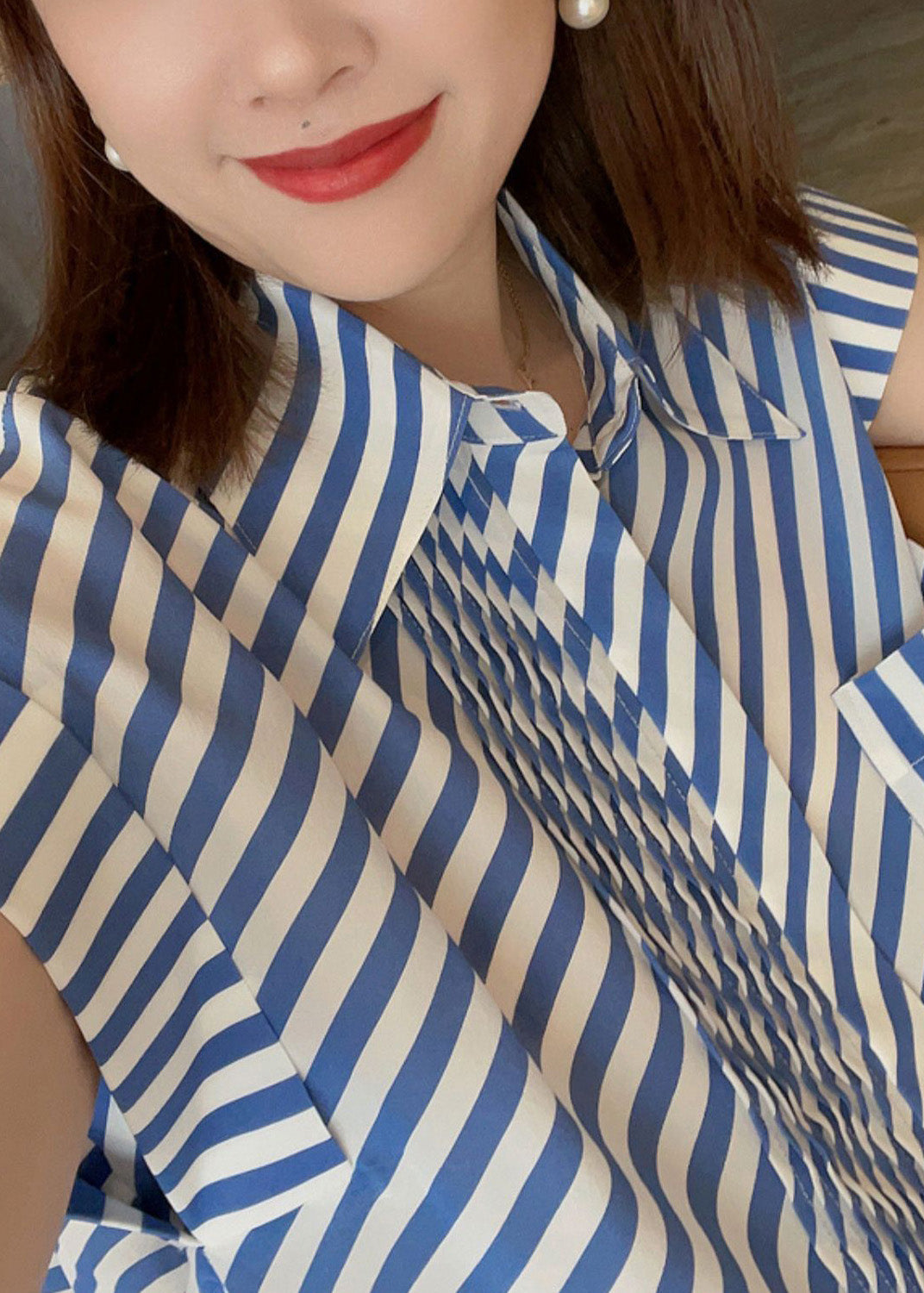 Fashion Blue Peter Pan Collar Striped Button Low High Design Silk Shirts  Summer LY0365