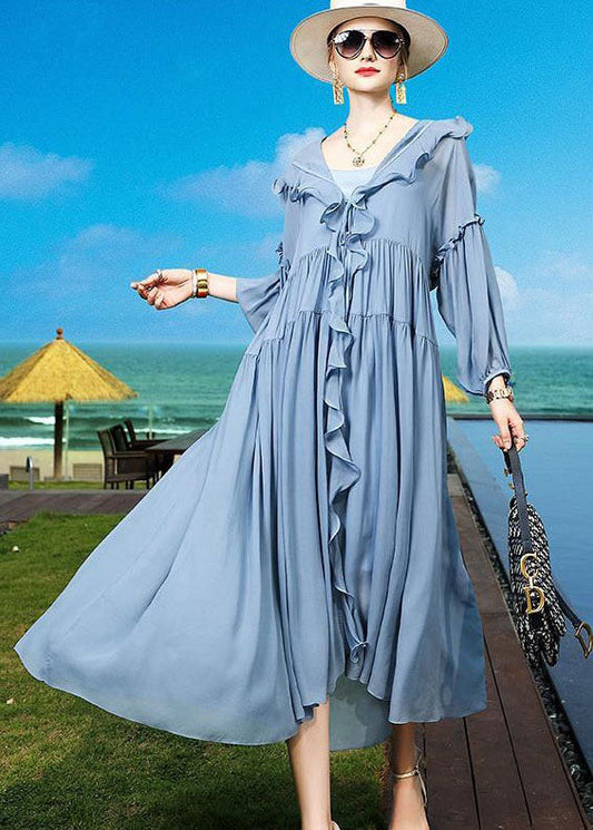 Fashion Blue Ruffled Asymmetrical Patchwork Silk Vacation Dresses Summer LC0242