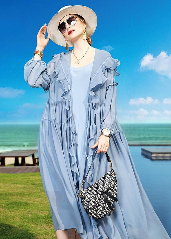 Fashion Blue Ruffled Asymmetrical Patchwork Silk Vacation Dresses Summer LC0242