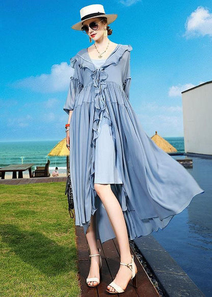 Fashion Blue Ruffled Asymmetrical Patchwork Silk Vacation Dresses Summer LC0242