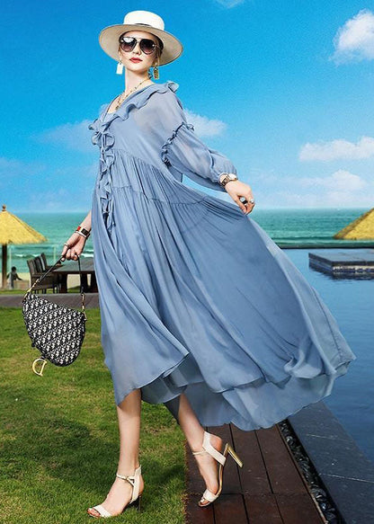 Fashion Blue Ruffled Asymmetrical Patchwork Silk Vacation Dresses Summer LC0242