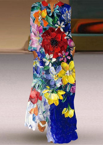 Fashion Blue V Neck Print Chiffon Ankle Dress Spring LY1926