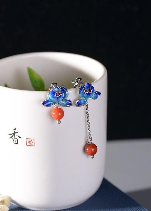 Fashion Cloisonne Lotus Tassel Agate Asymmetrical Design Drop Earrings HE1020