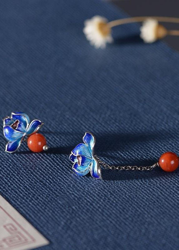 Fashion Cloisonne Lotus Tassel Agate Asymmetrical Design Drop Earrings HE1020