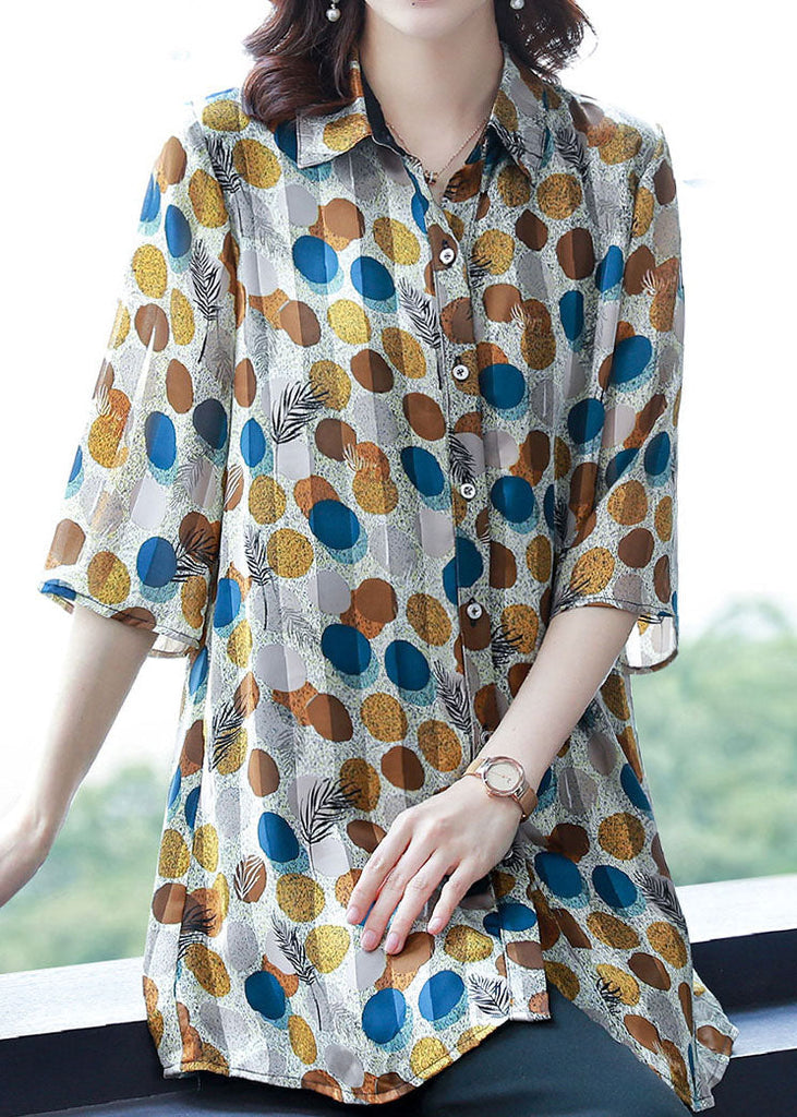 Fashion Dot Print Peter Pan Collar Button Silk Shirt Top Summer TF1058