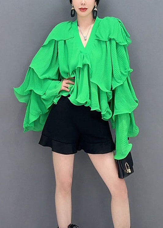 Fashion Green Asymmetrical Ruffled Patchwork Chiffon Tops Spring LC0352