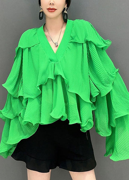 Fashion Green Asymmetrical Ruffled Patchwork Chiffon Tops Spring LC0352
