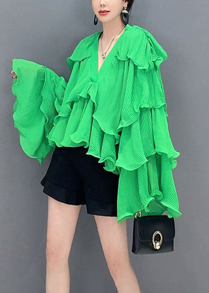 Fashion Green Asymmetrical Ruffled Patchwork Chiffon Tops Spring LC0352