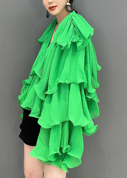 Fashion Green Asymmetrical Ruffled Patchwork Chiffon Tops Spring