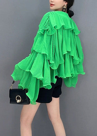 Fashion Green Asymmetrical Ruffled Patchwork Chiffon Tops Spring