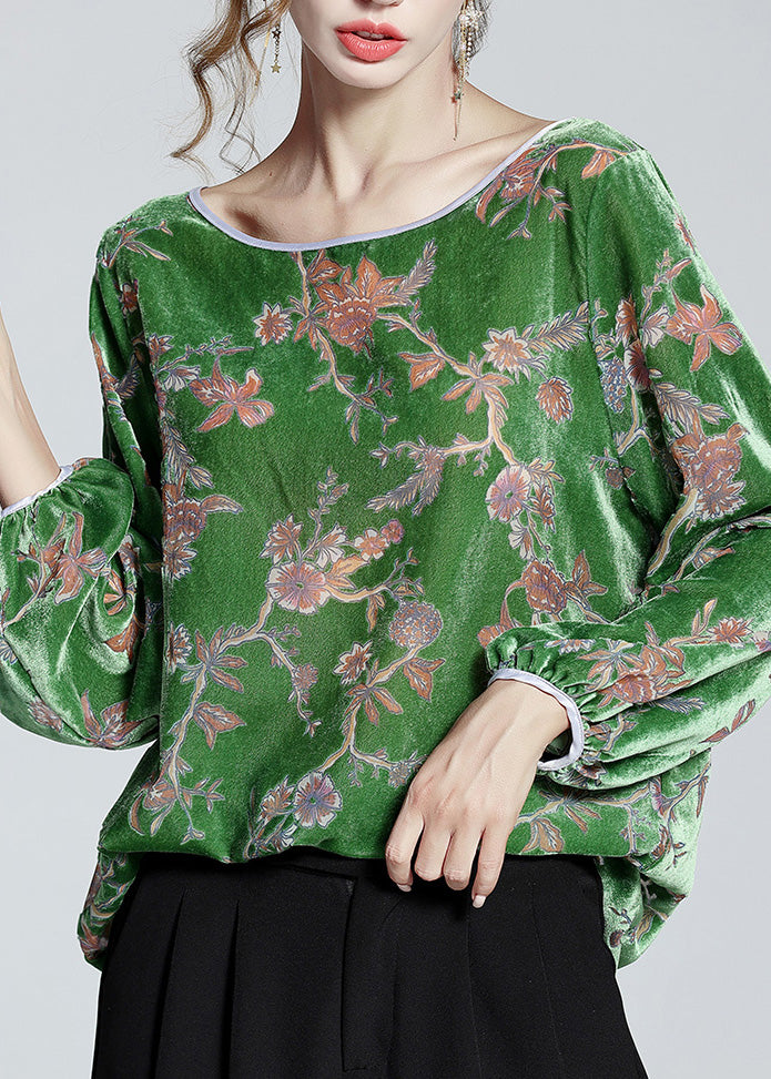 Fashion Green O-Neck Print Velour Top Spring F4016