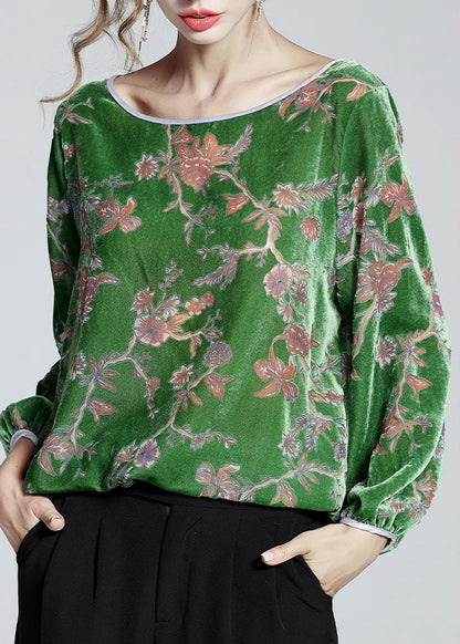 Fashion Green O-Neck Print Velour Top Spring F4016