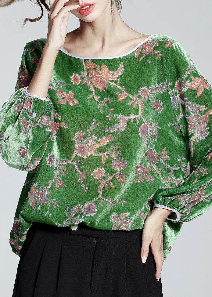 Fashion Green O-Neck Print Velour Top Spring F4016