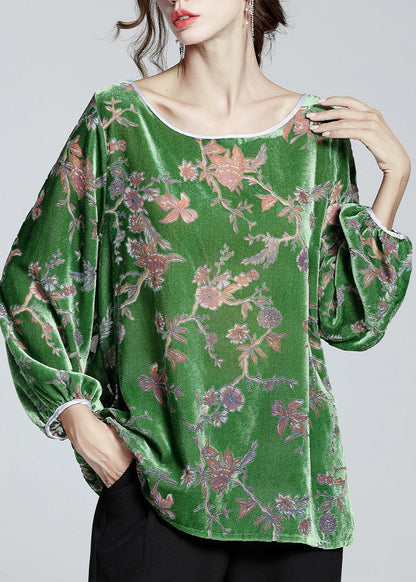 Fashion Green O-Neck Print Velour Top Spring F4016