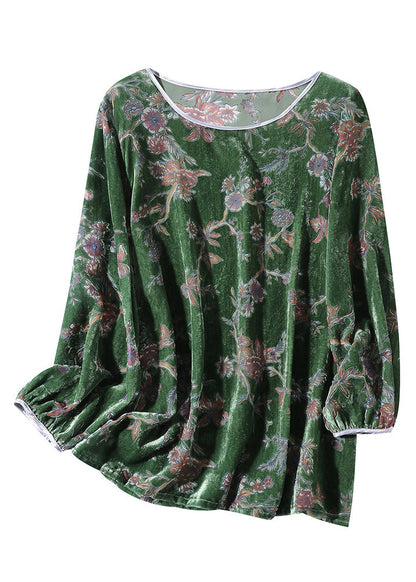 Fashion Green O-Neck Print Velour Top Spring F4016