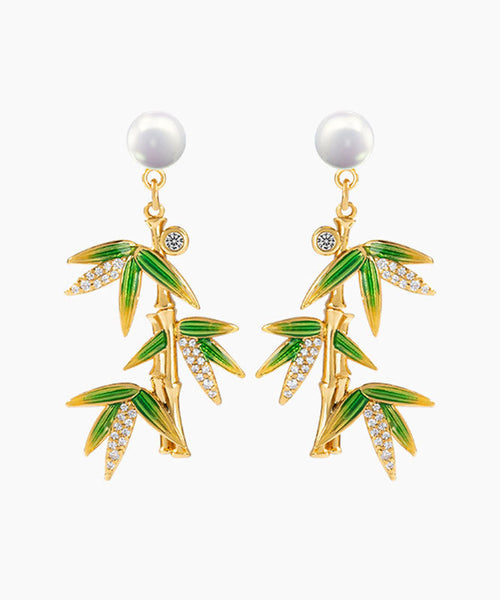 Fashion Green Overgild Zircon Pearl Bamboo Drop Earrings TW1016