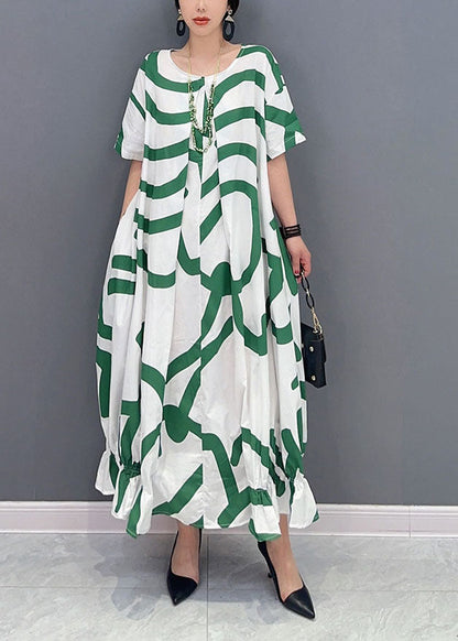 Fashion Green Striped Oversized Wrinkled Cotton Maxi Dresses Summer LY0548