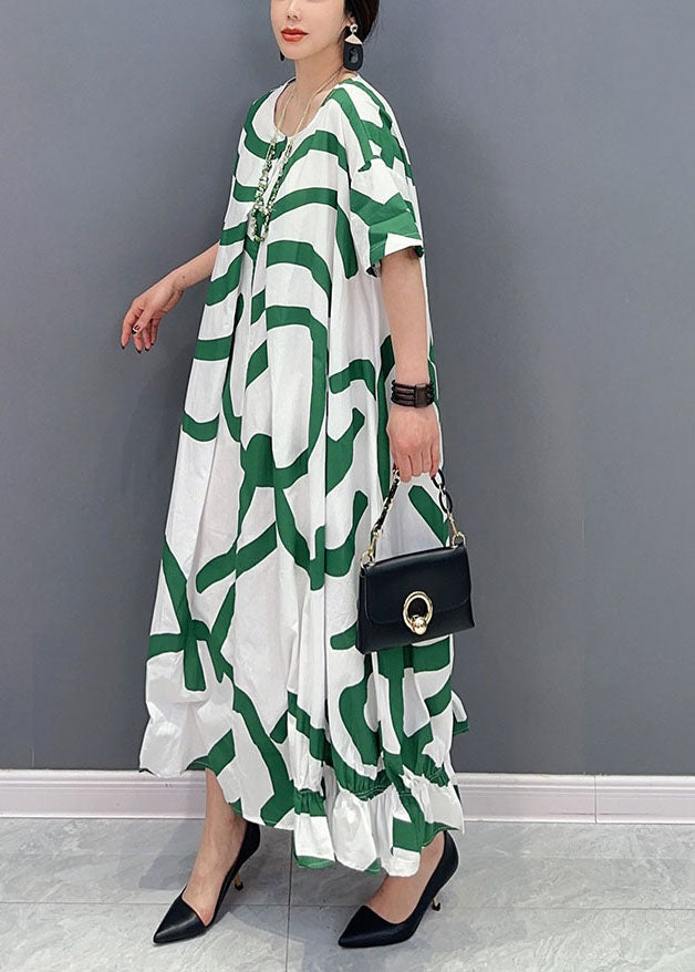 Fashion Green Striped Oversized Wrinkled Cotton Maxi Dresses Summer LY0548