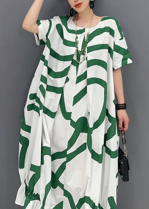 Fashion Green Striped Oversized Wrinkled Cotton Maxi Dresses Summer LY0548