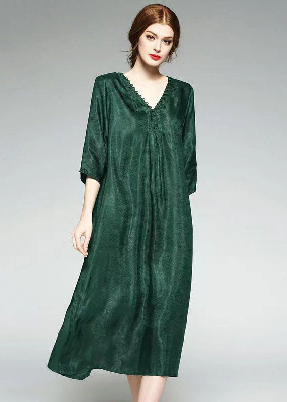 Fashion Green V Neck Wrinkled Jacquard Patchwork Silk Dress Summer TF1014