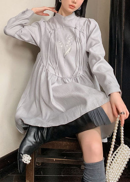 Fashion Grey Stand Collar Tasseled Embroideried Patchwork Silk Dress Spring LY0787