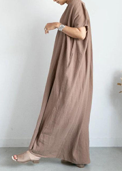 Fashion Khaki V Neck Patchwork Cotton Ankle Dresses Summer LY1366